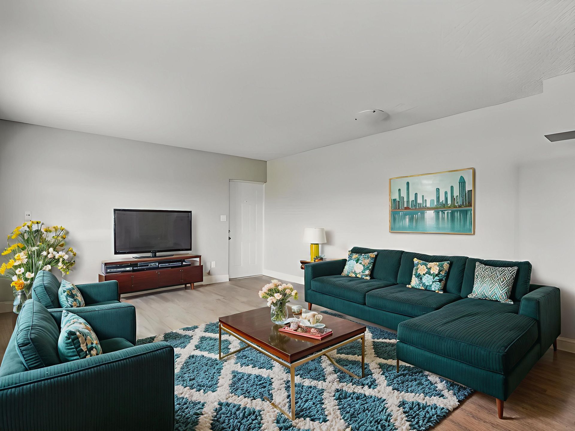 Teal living room with sofa, armchair, rug, TV, artwork, and coffee table.