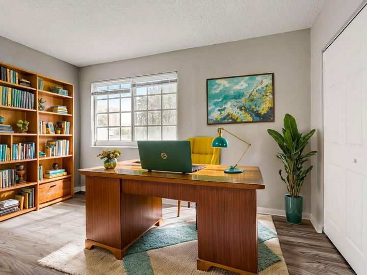 Office with desk, bookshelves, artwork, and large plant. Desk has laptop, yellow chair. Light gray walls.