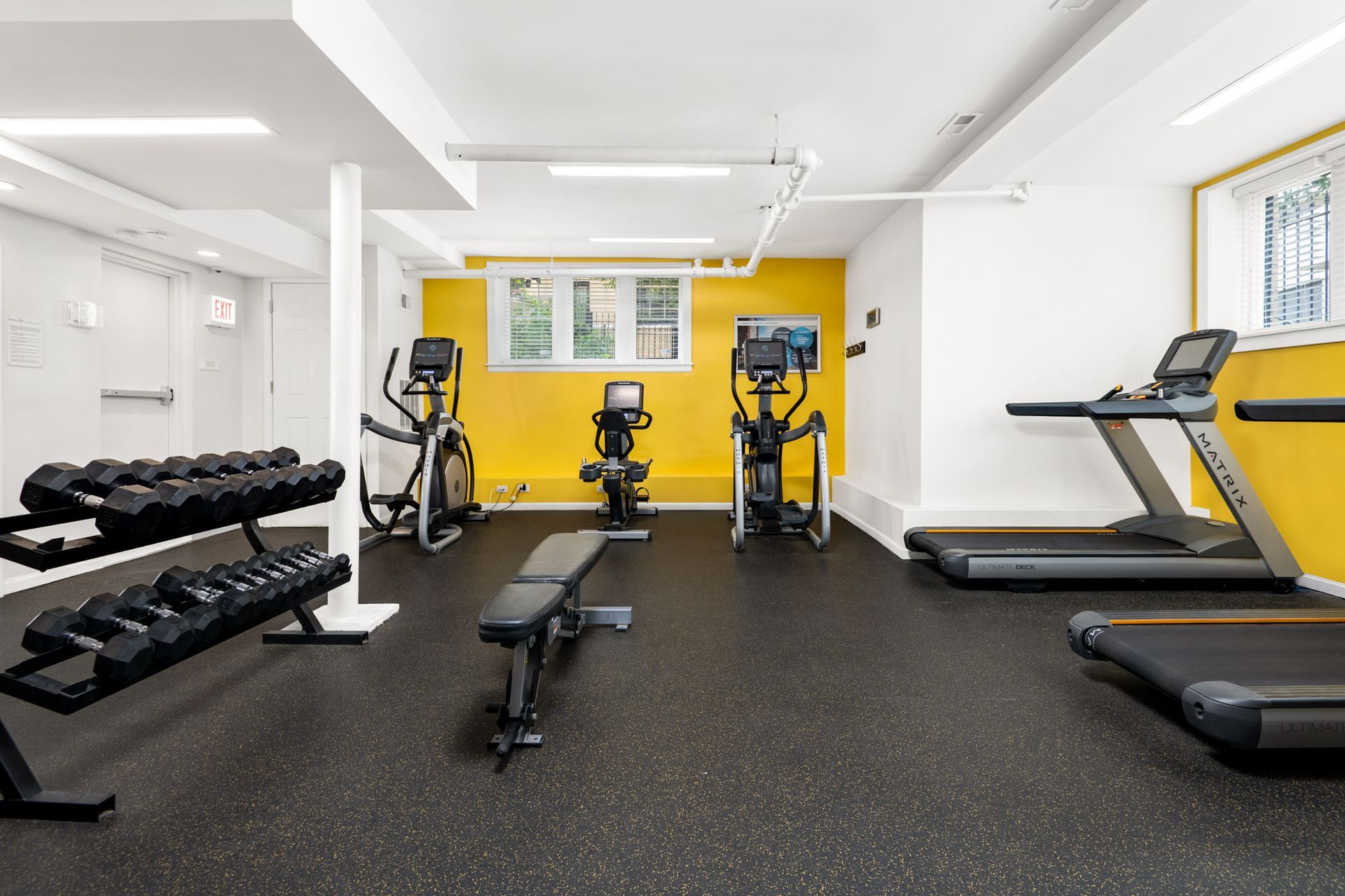 A fitness center with treadmills, bikes, dumbbells, and a bench.