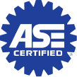 Blue circle with gear teeth border, white text “ASE CERTIFIED”.