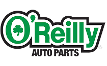 O'Reilly Auto Parts logo: Green text with black outline, shamrock in a green circle, white background.