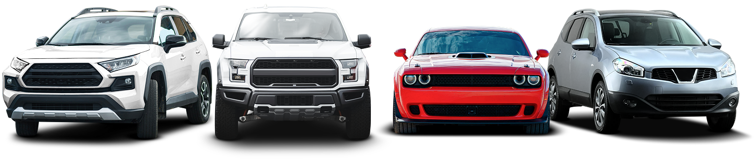 Four vehicles: SUV, truck, red sports car, and SUV are lined up, viewed from the front.