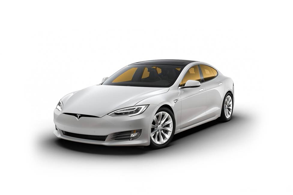 A white tesla model s is shown on a white background.
