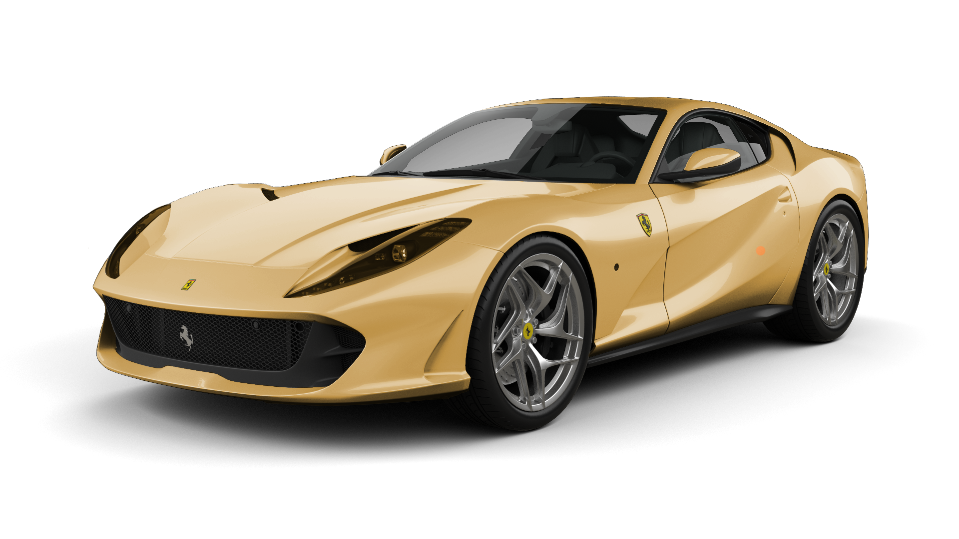 A yellow ferrari 812 superfast is shown on a white background.