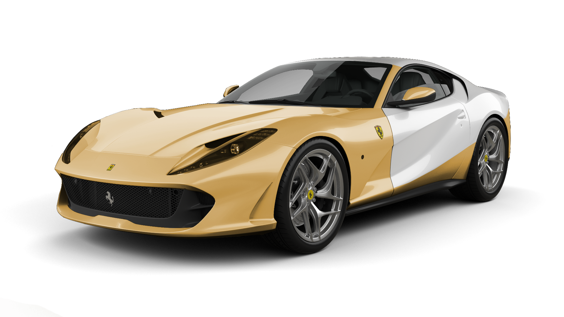 A gold and white ferrari on a white background.