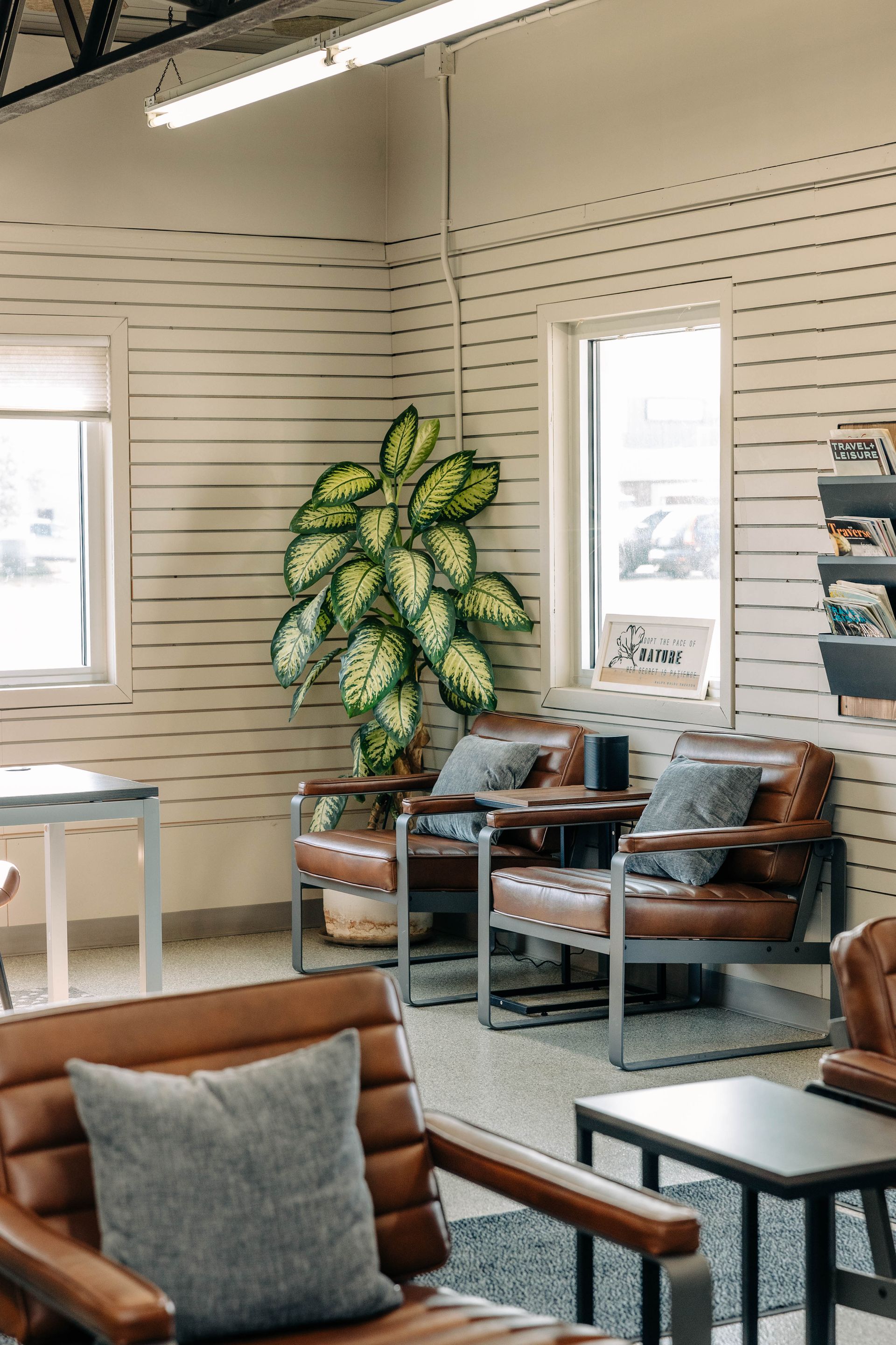 Cozy waiting area with brown leather chairs, plant, and windows against a white striped wall. | Empower Automotive