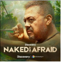 Man aiming a bow and arrow, featured in a "Naked and Afraid" Discovery show promo.