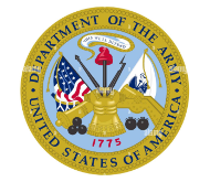 US Army seal with a central gold breastplate, flags, and text "Department of the Army, United States of America".
