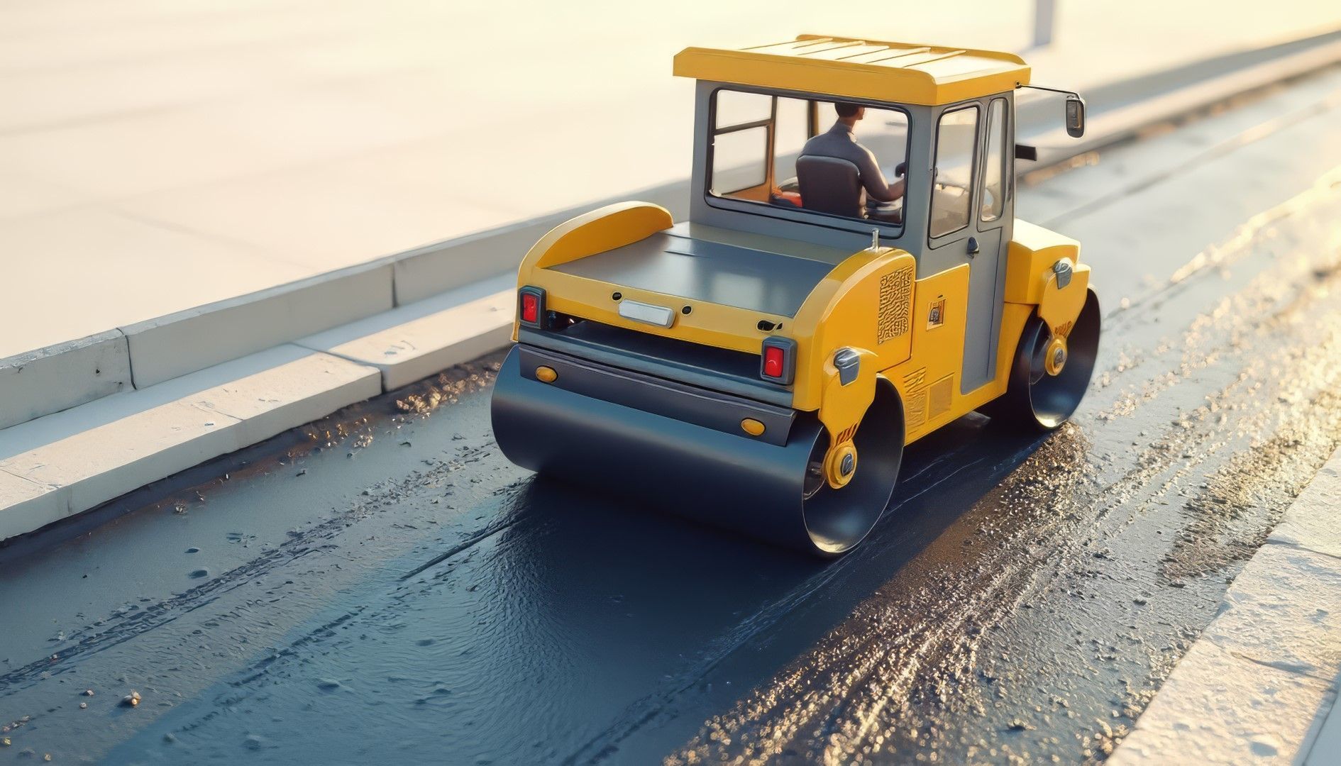 Yellow road roller compacting fresh asphalt on a newly paved road.