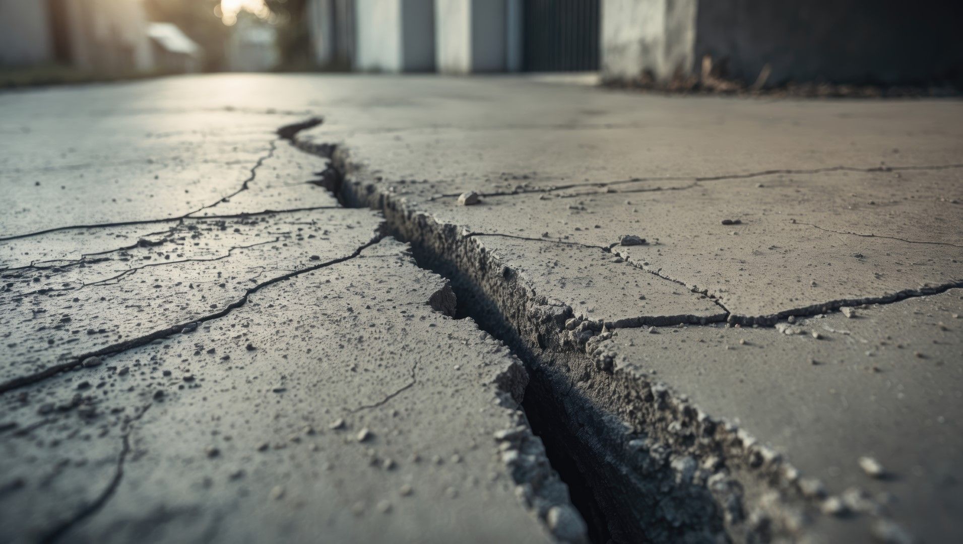 Close-up of a cracked concrete surface; gray with deep fissure and crumbling edges.