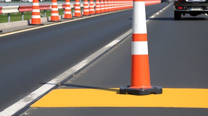 Orange and white traffic cones lining a road under construction, yellow painted line.
