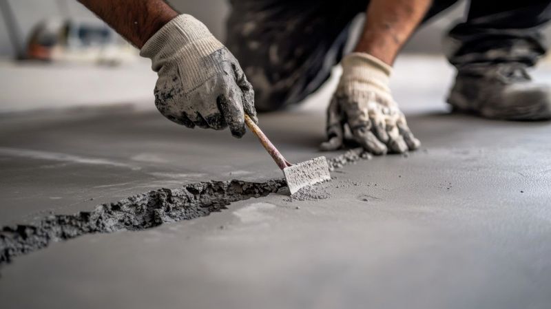 Person using a trowel to fill a crack in a concrete floor, wearing work gloves and boots.