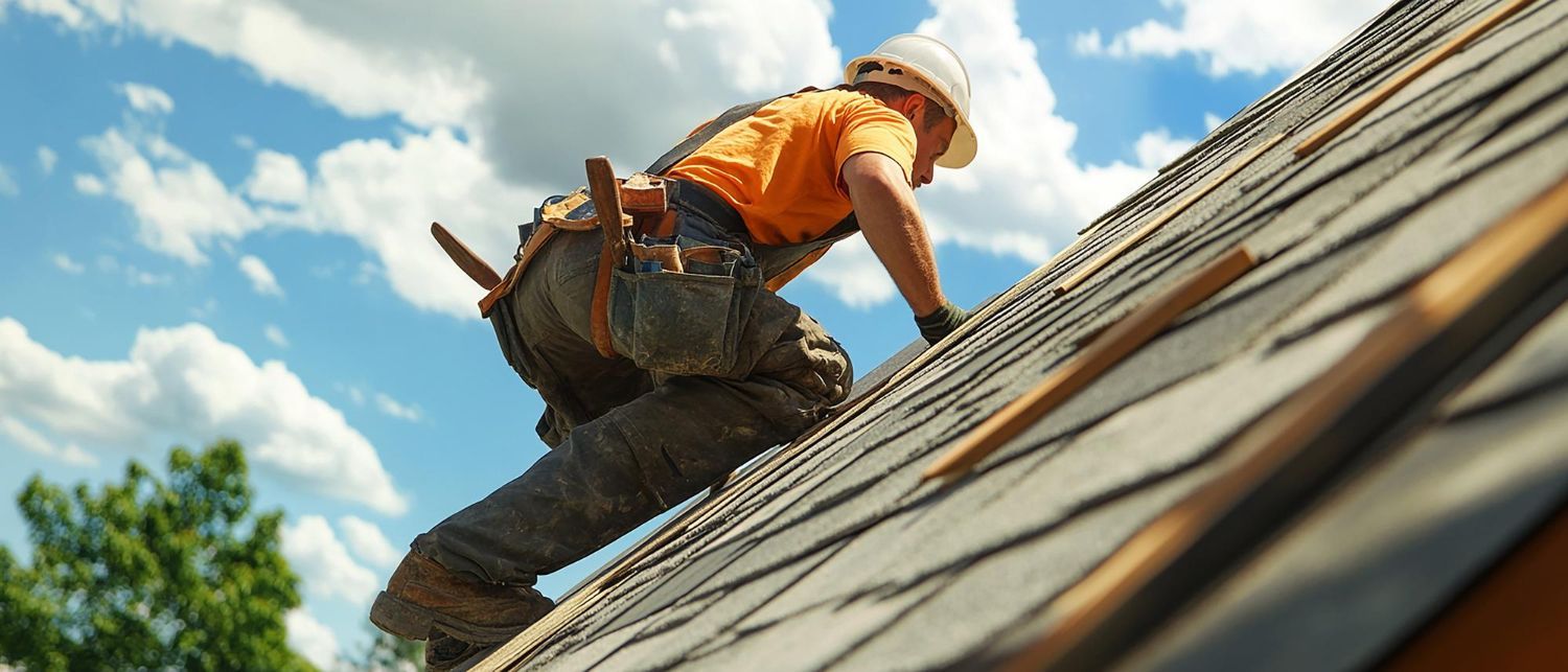 A man is working on the roof of a house.
