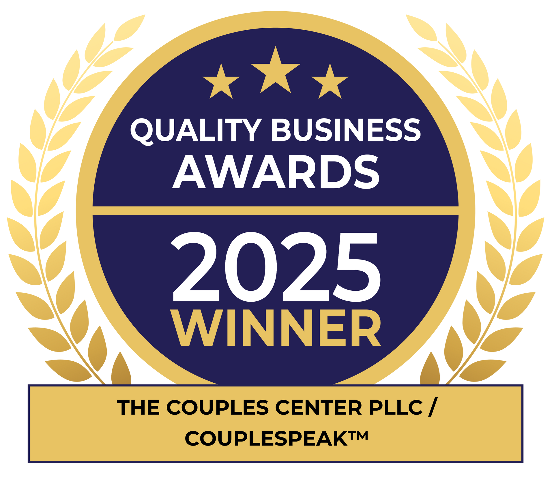 Quality Business Awards winner badge for 2025 with gold laurel, dark blue circle, and company name.