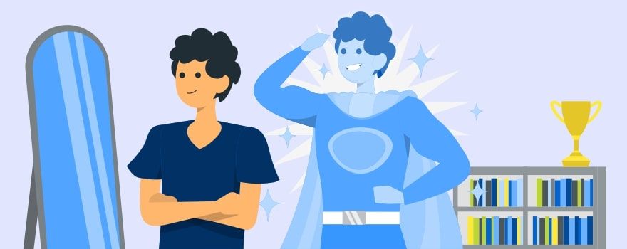 Man looking at a mirror, envisioning himself as a superhero with a cape. Man looking at a mirror, envisioning himself as a superhero with a cape.