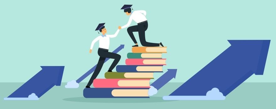 Two graduates climbing stack of books with up arrows in background. Two graduates climbing stack of books with up arrows in background.