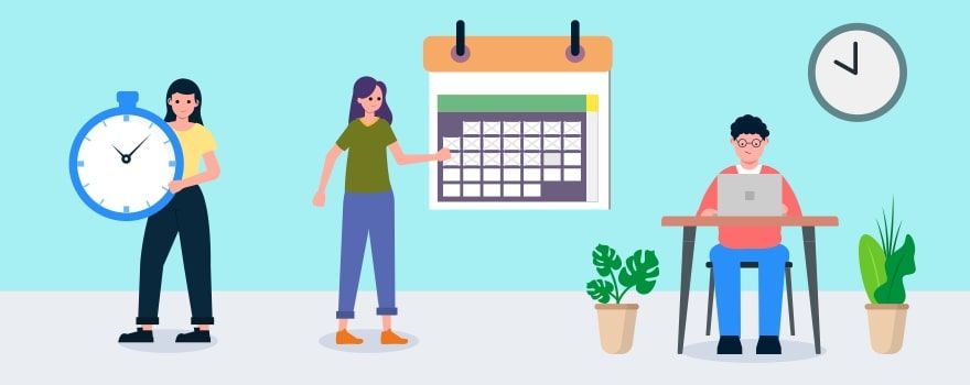 People with clock, calendar, and laptop, representing time management and productivity.