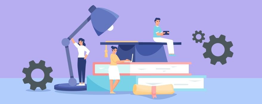 People working together with books, a desk lamp, and gears on a purple background. People working together with books, a desk lamp, and gears on a purple background.