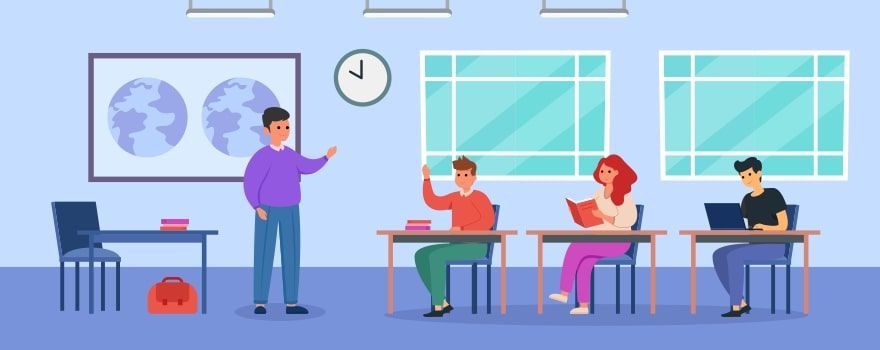 A classroom scene with a teacher and students. One student raises his hand while others read or use a laptop. A classroom scene with a teacher and students. One student raises his hand while others read or use a laptop.