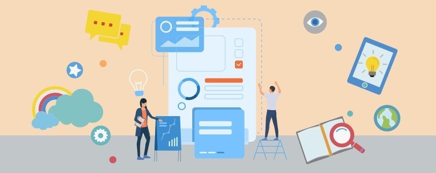 Illustration of people working with charts, documents, and floating icons, suggesting data analysis and brainstorming. Illustration of people working with charts, documents, and floating icons, suggesting data analysis and brainstorming.