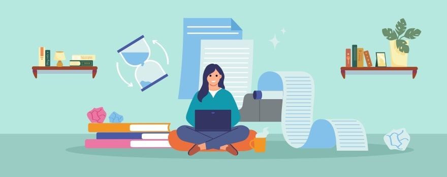 Woman sitting cross-legged with laptop surrounded by books and papers. Hourglass suggests time pressure. Woman sitting cross-legged with laptop surrounded by books and papers. Hourglass suggests time pressure.