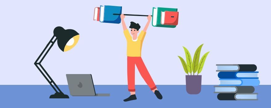 A person lifting a barbell made of books, a desk with a laptop, and a lamp. A person lifting a barbell made of books, a desk with a laptop, and a lamp.