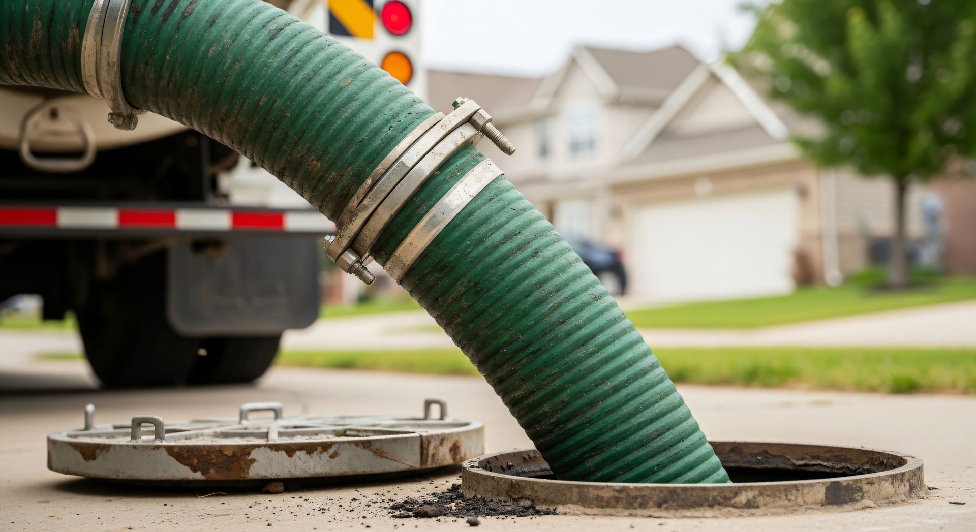 Large green hose inserted into an open manhole near a truck on a residential street. Large green hose inserted into an open manhole near a truck on a residential street.