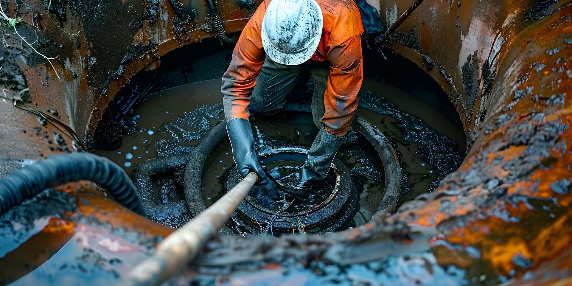 worker in an orange safety suit performing maintenance inside a septic tank