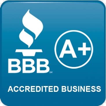 BBB Accredited Business logo, blue background. Includes white flame icon, "BBB" text, and "A+" rating.