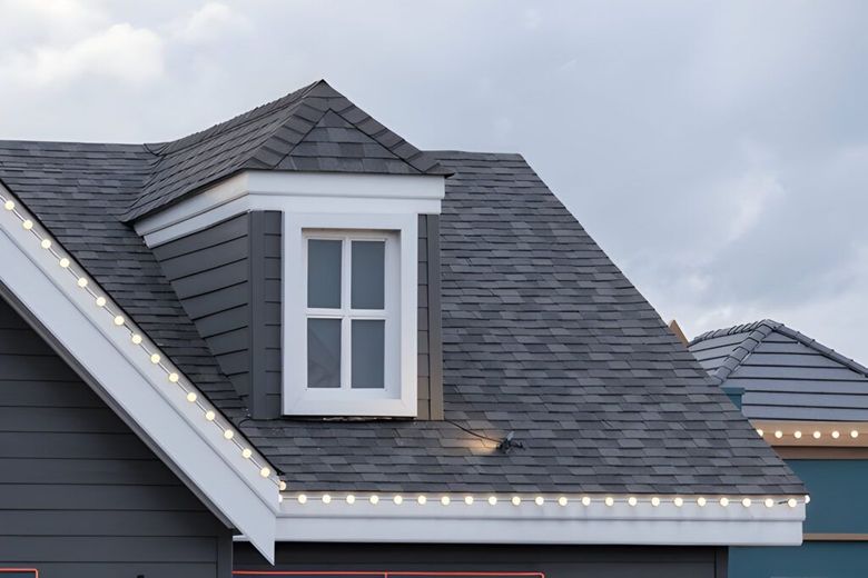 The roof of a house with a window on it.