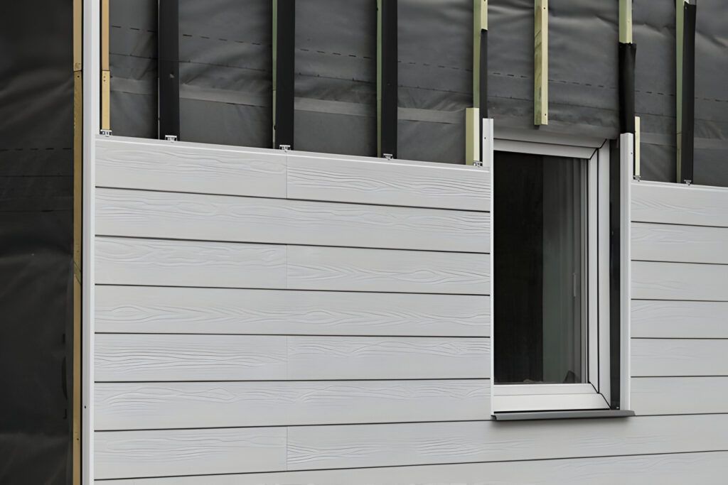 A close up of a building with a window and siding.