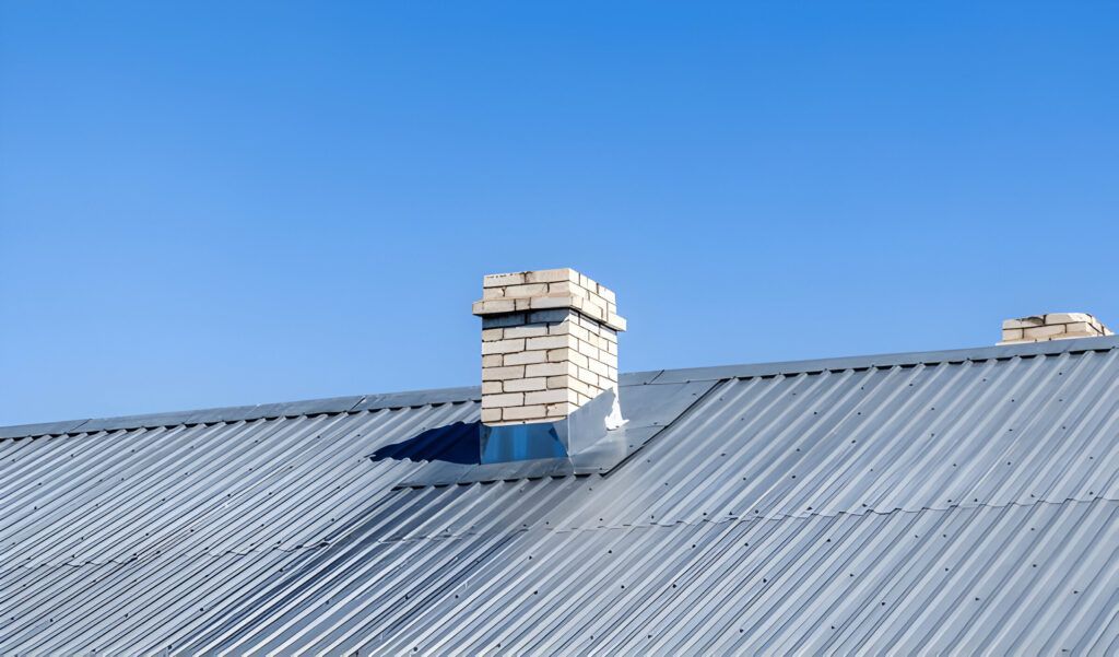 A chimney on top of a metal roof with a blue sky in the background.