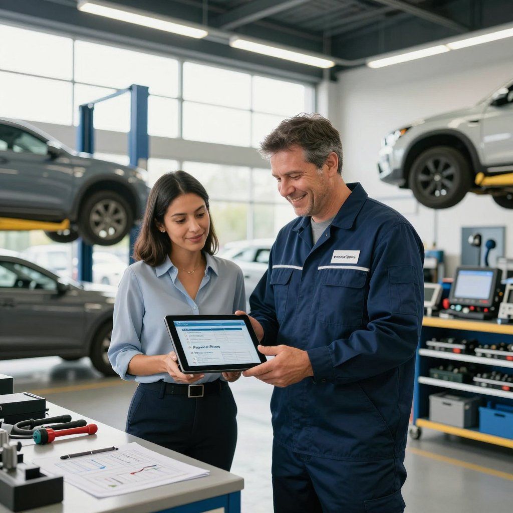 Woman and mechanic reviewing a tablet in a car repair shop. Cars are lifted on jacks.