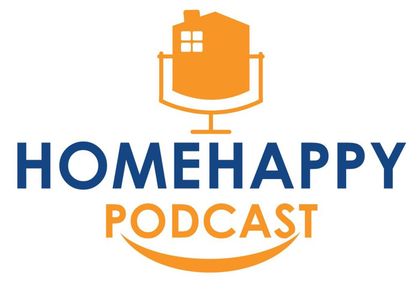 The logo for homehappy podcast has a microphone with a house on it.