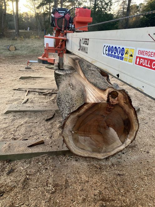 A portable sawmill cuts through a large log outdoors, with orange machinery visible against the light-colored wood.