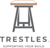 Logo for Trestles LLC, featuring a gray trestle table base topped with a wooden surface, text reading "Supporting Your Build."