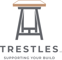 Logo for Trestles LLC, featuring a gray trestle table base topped with a wooden surface, text reading "Supporting Your Build."