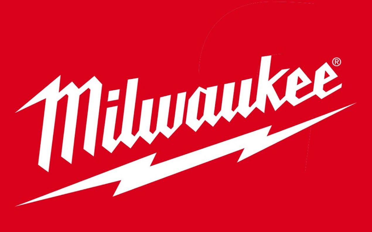 The milwaukee logo is on a red background with a lightning bolt.