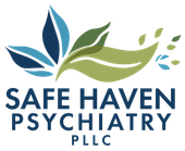 The logo for safe haven psychiatry , pllc has a blue and green leaf on it.