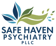 The logo for safe haven psychiatry , pllc has a blue and green leaf on it.