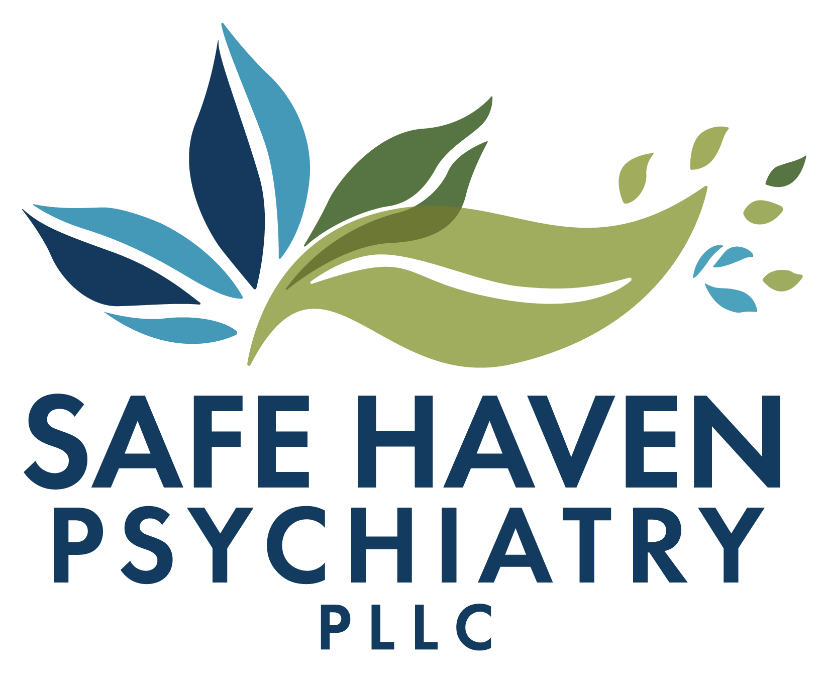 The logo for safe haven psychiatry , pllc has a blue and green leaf on it.