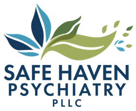The logo for safe haven psychiatry , pllc has a blue and green leaf on it.