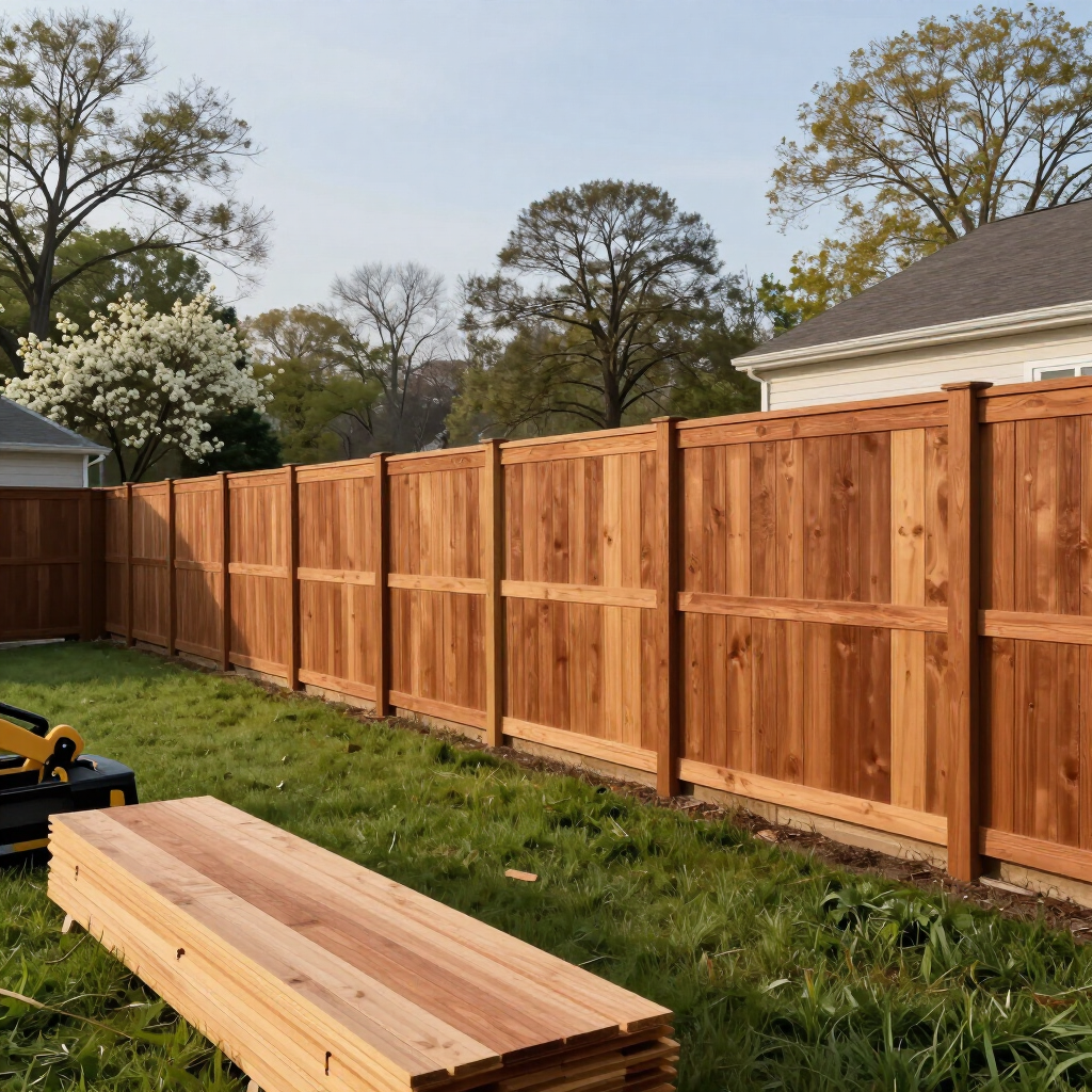 New wooden privacy fence along a grassy backyard with stacked lumber in the foreground
