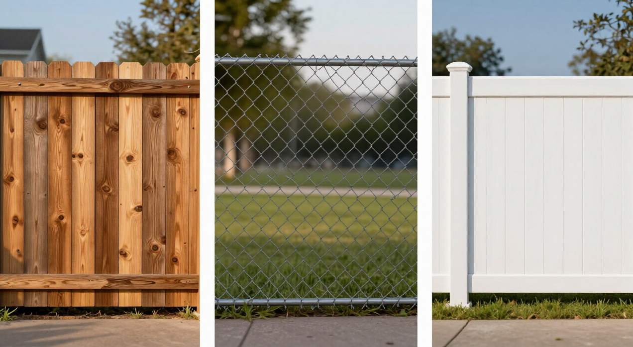 Three fence panels: wooden privacy, chain-link, and white vinyl