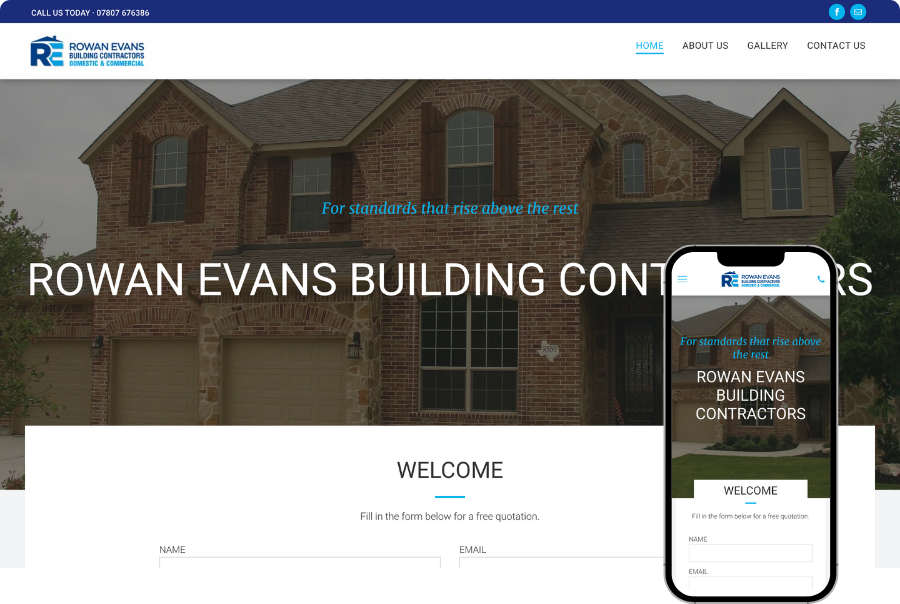 A rowan evans building contractors website is displayed on a cell phone.