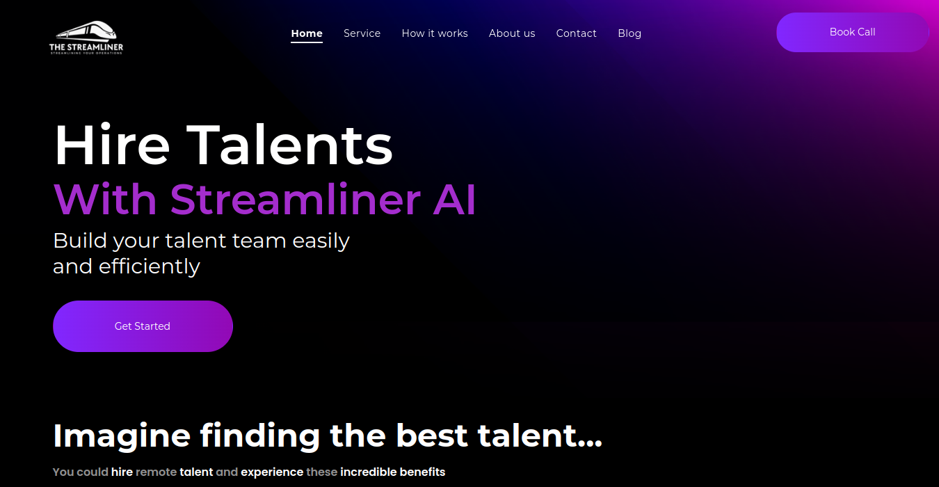 A screenshot of a website that says hire talents with streamliner al