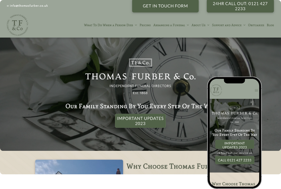 A thomas furber & co. website is displayed on a cell phone.