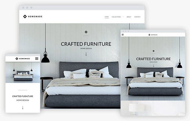 A website for crafted furniture is displayed on a computer , tablet , and phone.