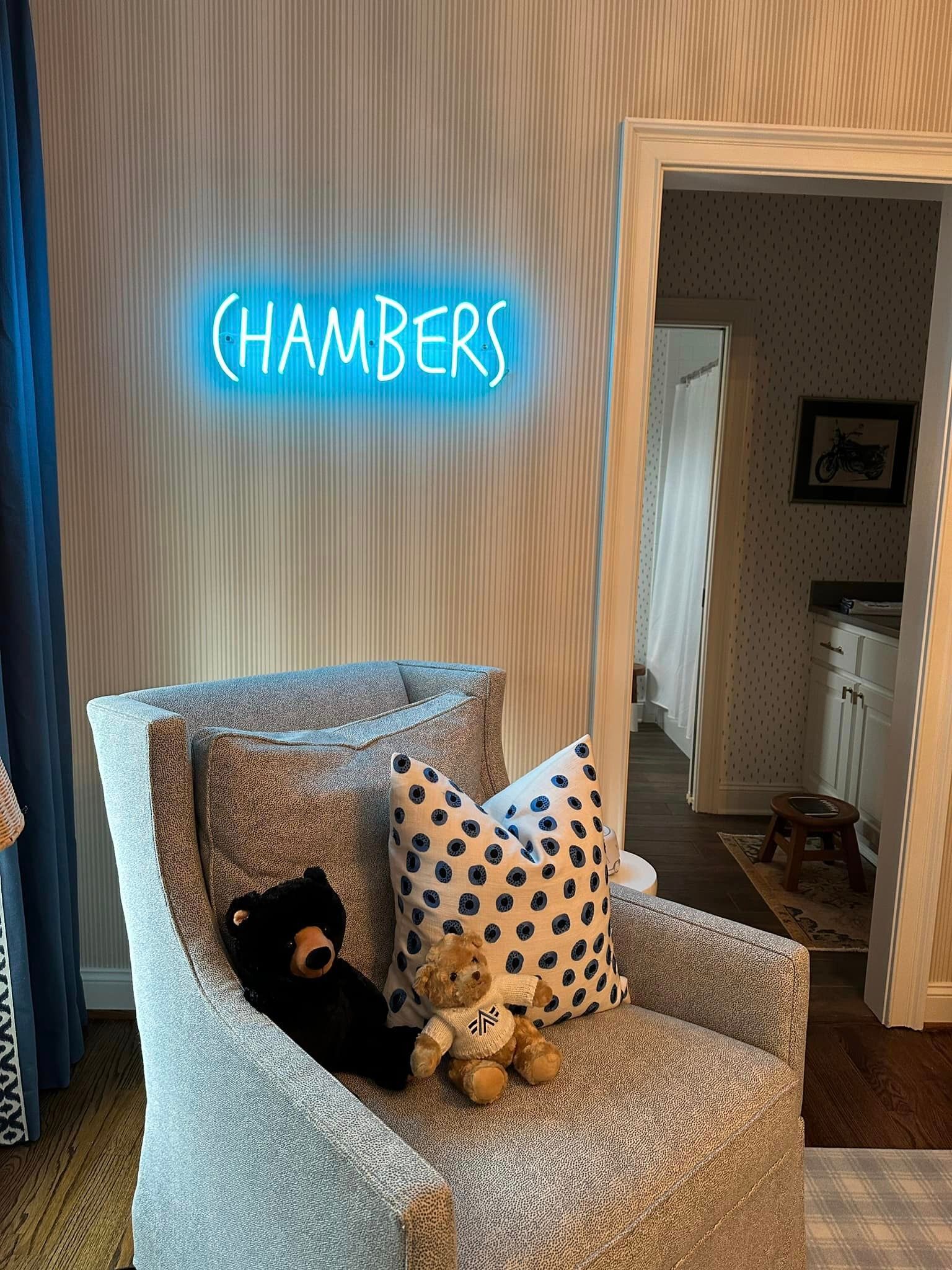 A blue neon sign reading 