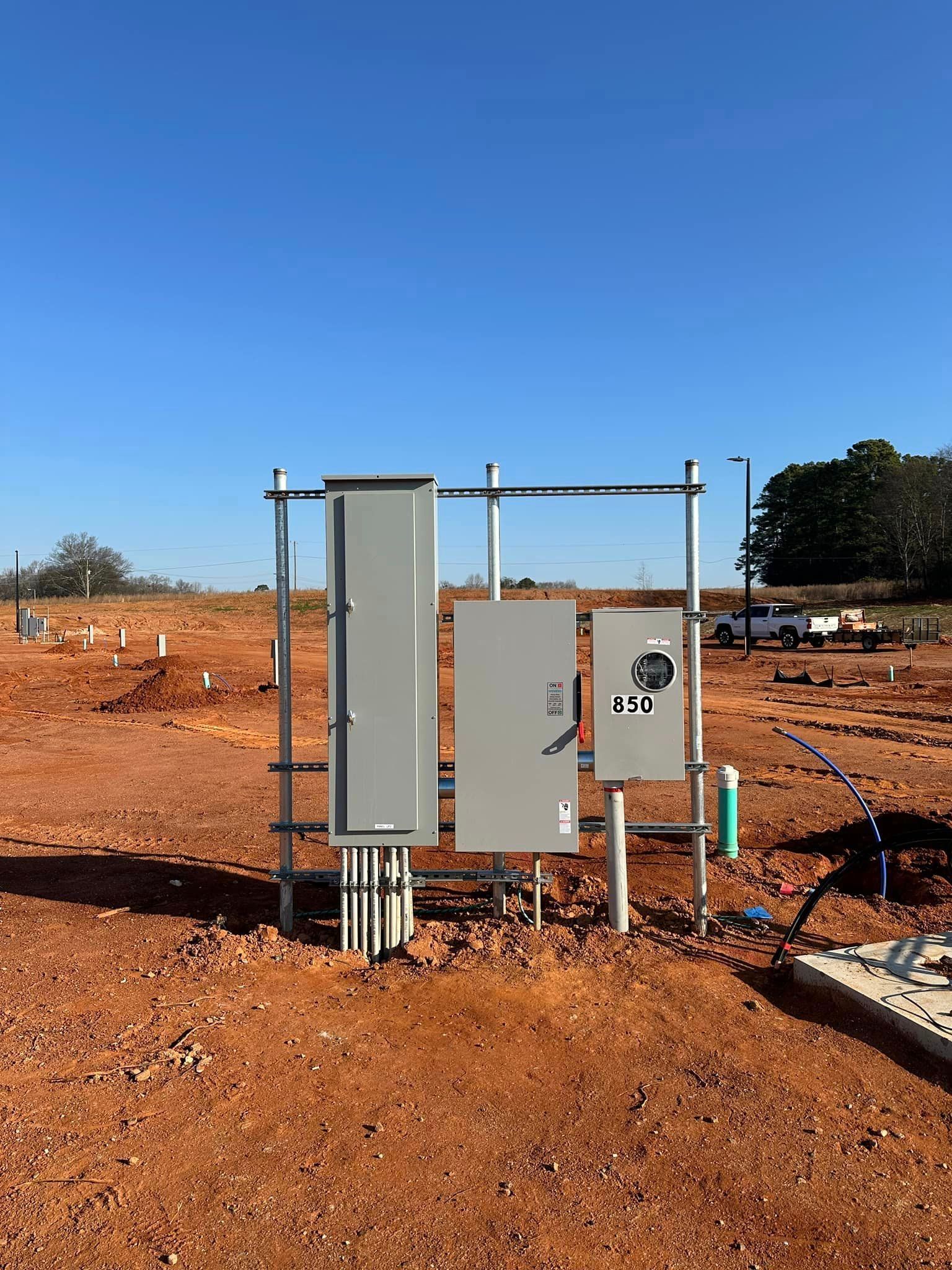 Electrical panels and conduit on a construction site with a clear blue sky.